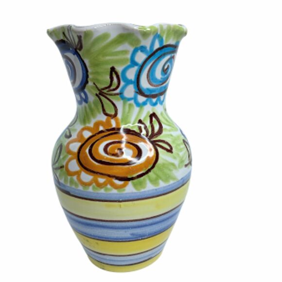 Small Hand Painted Italian Pottery Vase Signed Italy Yellow Green Blue Orange - Picture 2 of 10